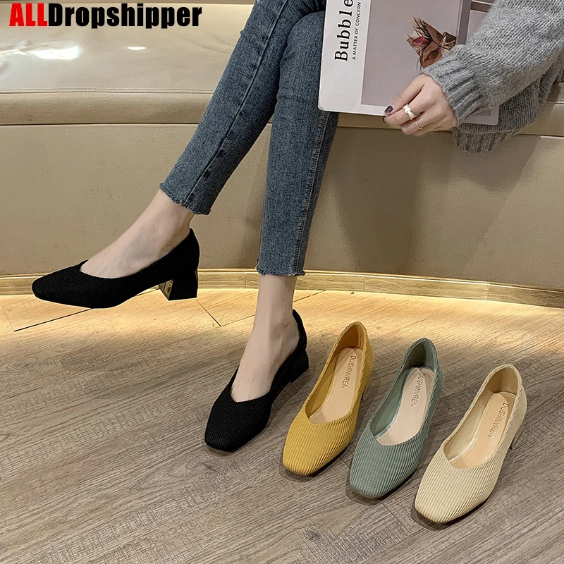 Новые вязаные туфли с квадратным носком на высоком каблуке модные толстом