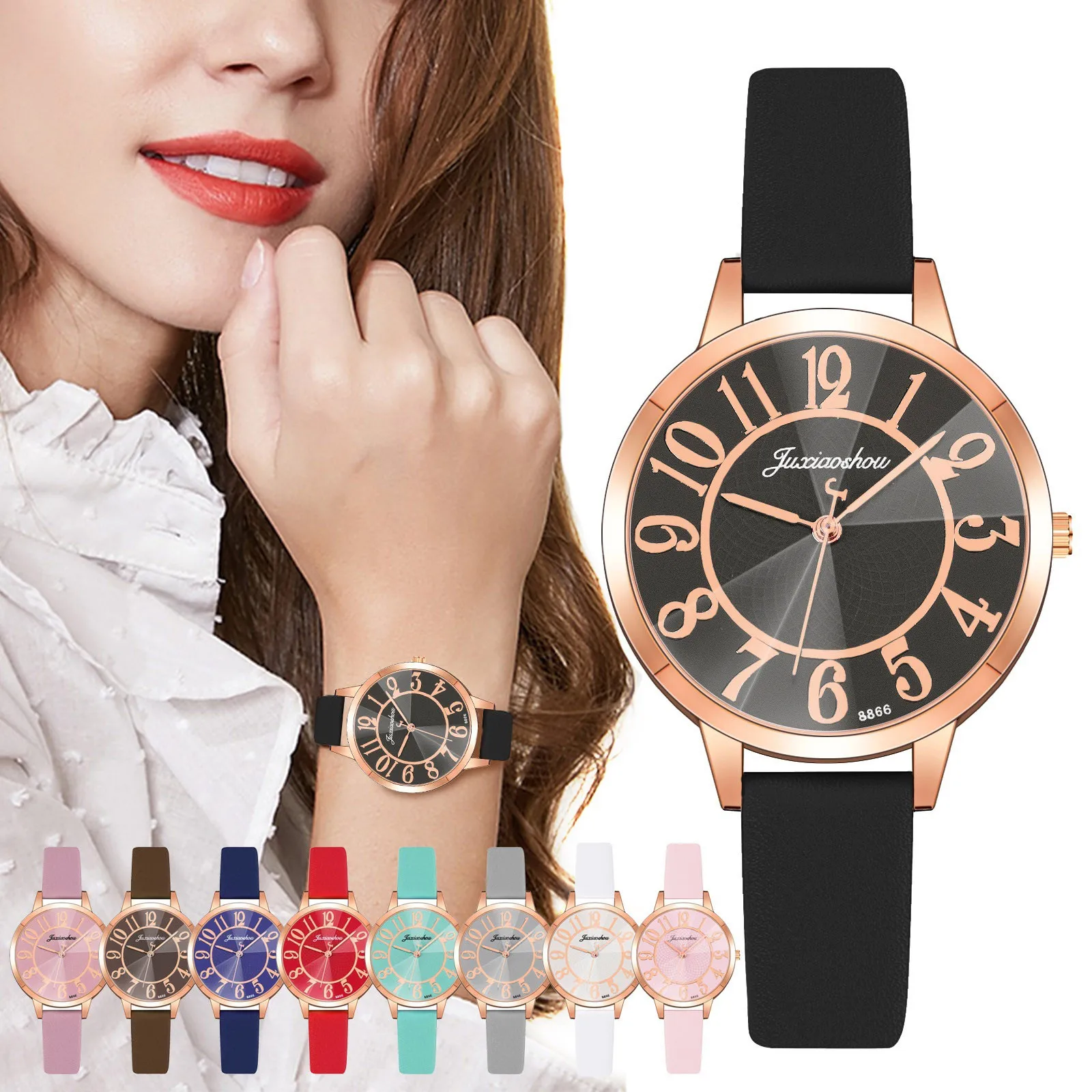 

Часы наручные женские с черным циферблатом, роскошные модные простые, с кожаным ремешком, цвет розовое золото