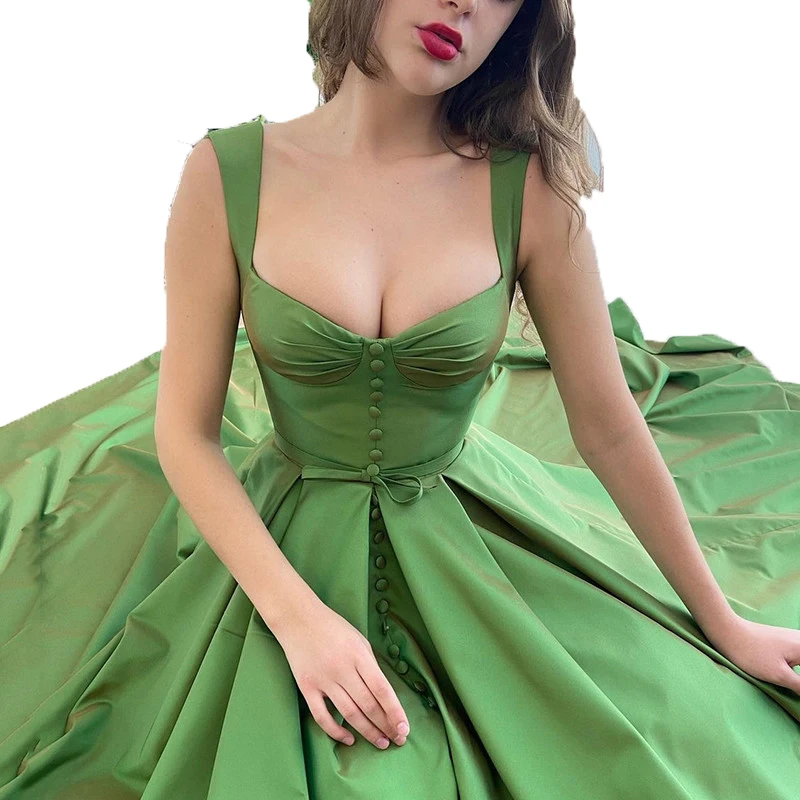 

Simple Green Satin Sweetheart Neck Bustier A-Line Prom Dress Long Elegant Button Evening Dress Split Backless Solid Party Dress