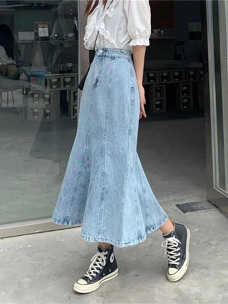 

Fishtail skirt summer half length harajuku dress 2021 new high waist slim medium length buttock light blue denim women's skirt