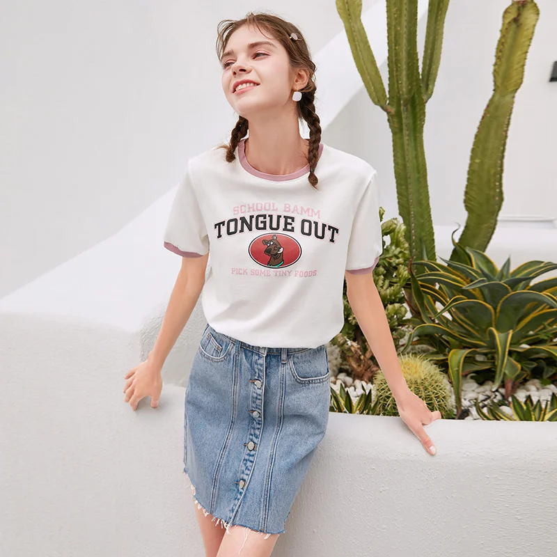 

SHZQ White T-shirt Women's Short Sleeve 2021 Summer New Fashion Loose Cartoon Print Round Neck Pure Cotton T-shirt Top