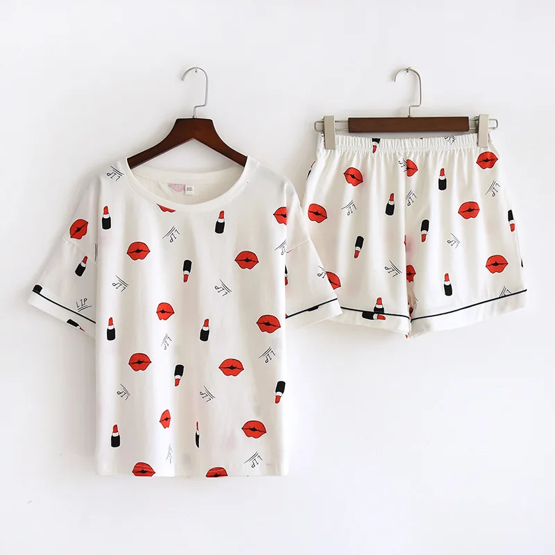 Women Summer 100% Cotton Pajamas Pajama Set Cute Cats Cartoon Print Sweet Sets Short Sleeve Shorts Sleepwear Pijama Homewear