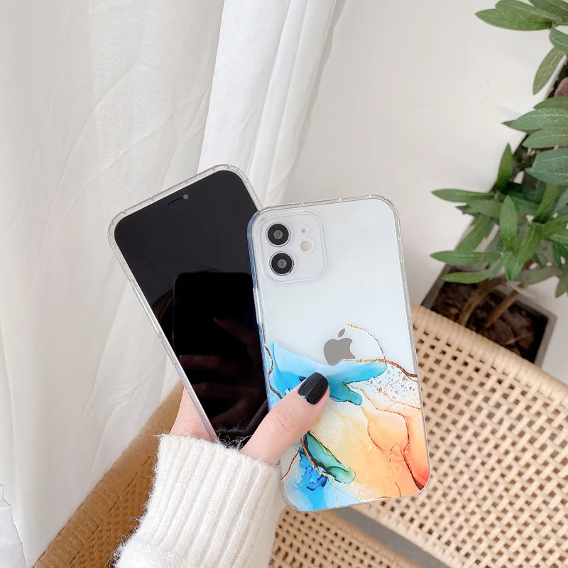 

Phone Case For iPhone 11 Pro Max X XR XS Max 7 8 Plus 12 Pro Max Transparent Watercolor Gradient Marble Back Cover