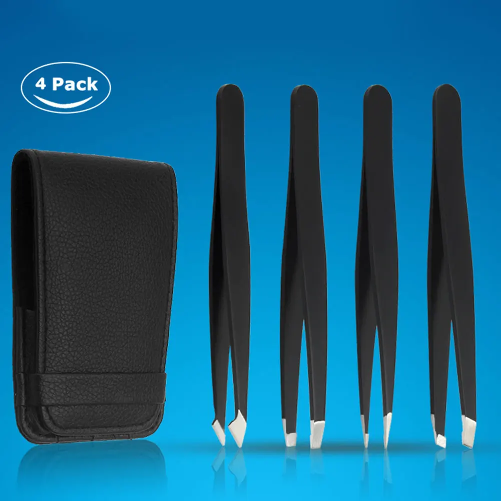 

4 Piece Set With Case Eyebrow Pliers Slant Tip Hair Removal Stainless Steel Cosmetic Polished Tweezer Clip Makeup Tool Rust-free
