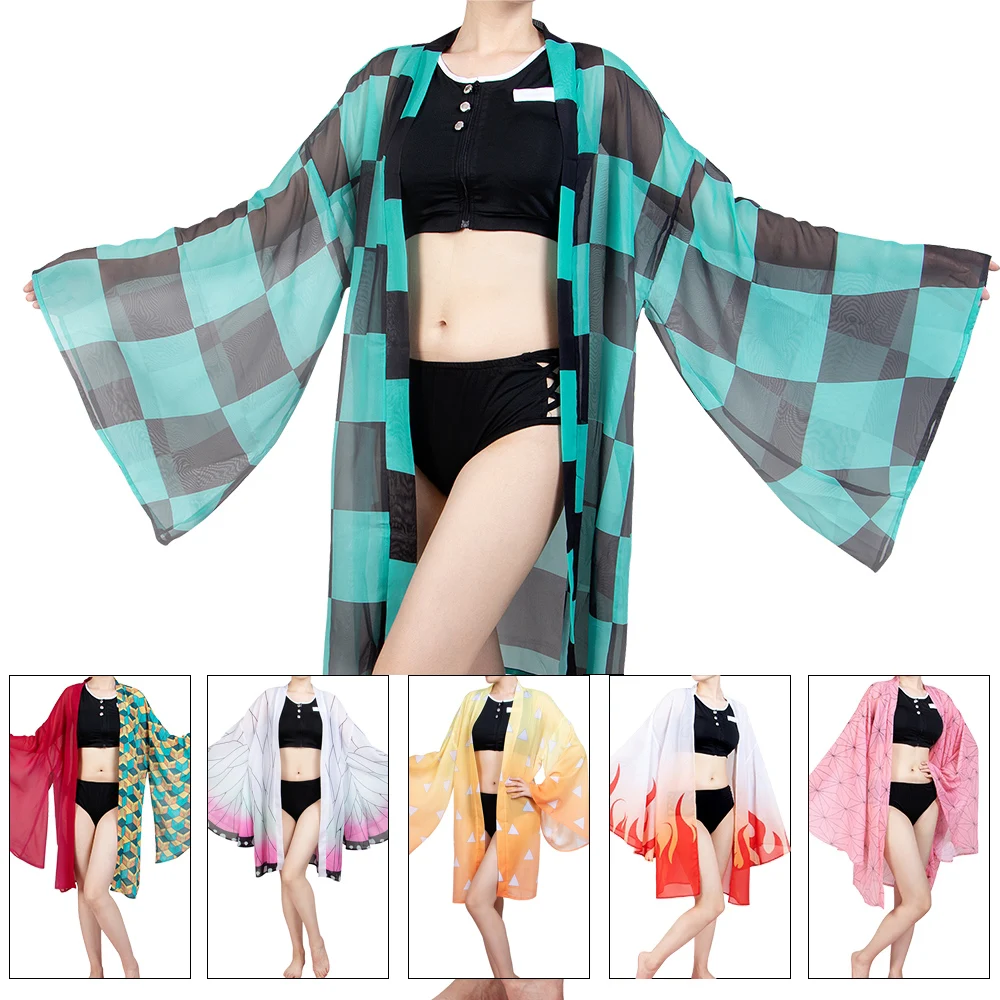 

Demon Slayer Cosplay Kochou Shinobu Bikini Swimsuit Kimetsu no Yaiba Kamado Tanjirou Cos Bathing Suit Swimsuit Kimono Cardigan