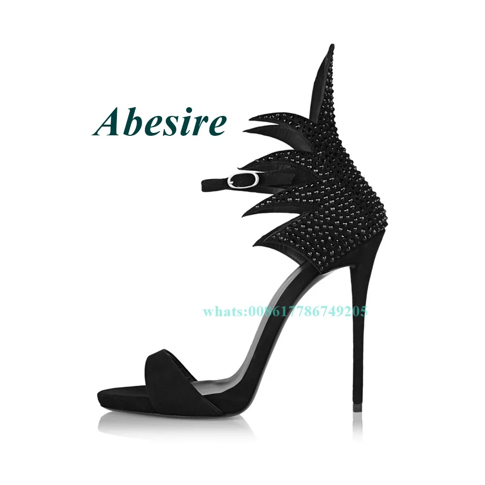 

Peep Toe Platform Crystal Sandals Stiletto Black Fire High Heels Plus Size Buckle Strap Women Shoes New Arrival Summer Elegant