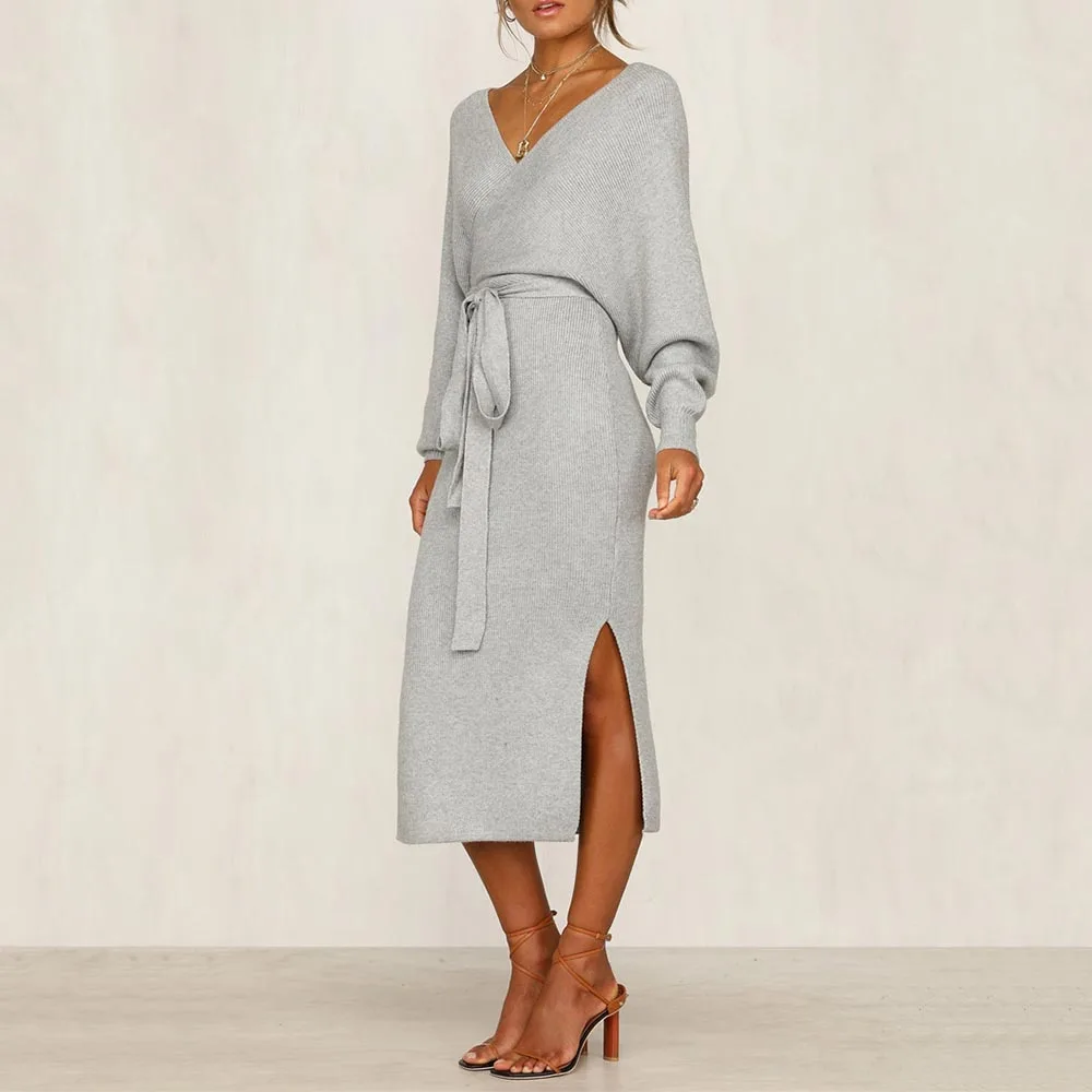 Элегантное трикотажное платье-свитер женское осеннее сексуальное платье с