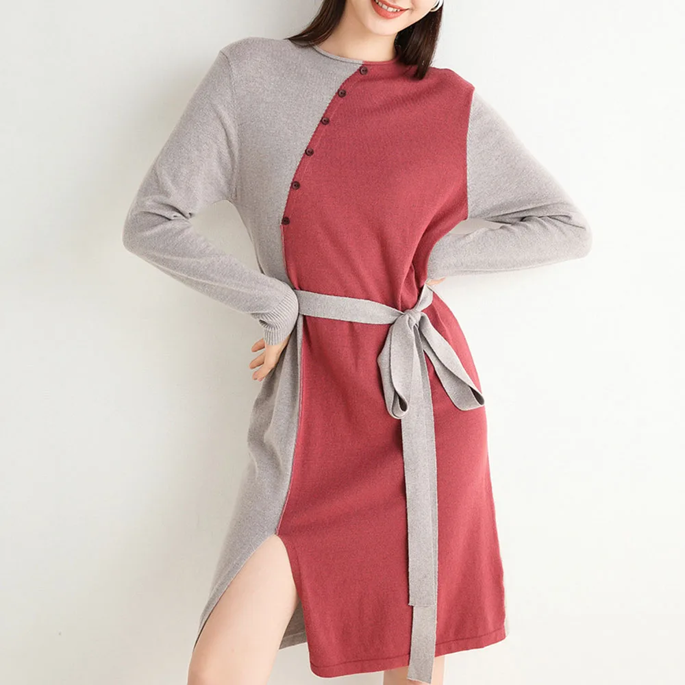 Осенне зимнее трикотажное платье средней длины с сочетающимися цветами новинка