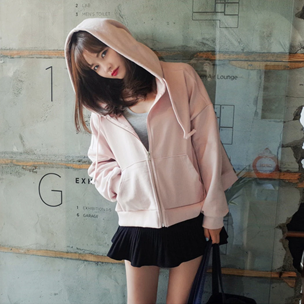 Модная укороченная куртка с капюшоном 2019 Женская толстовка на молнии уличная