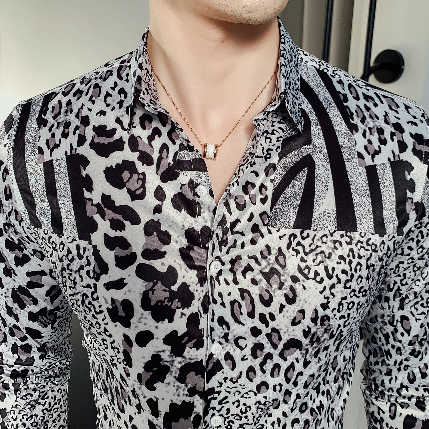 

Luxury Print Leopard Shirt Men Long Sleeve 2020 Autumn Party Club Shirt Men DJ Singer Camisa Homem Prom Camisa Masculina