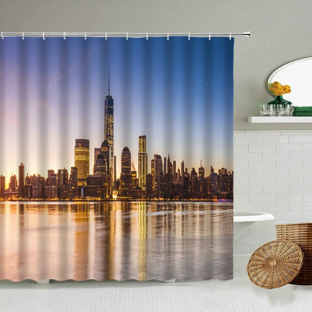 

Architecture City Night View Shower Curtain Colorful Bathroom Waterproof Polyester Curtains Home Wall Decoration With Hook Set