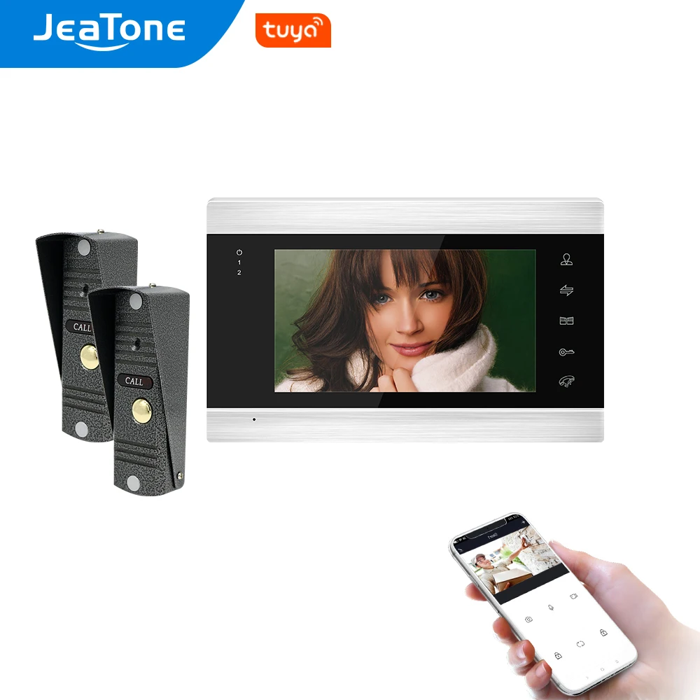 

Jeatone Wifi Tuya 7Inch Video Door Phone Intercom with 2pcs 720P Doorbell Access Control System with Remote unlock,Motion Record