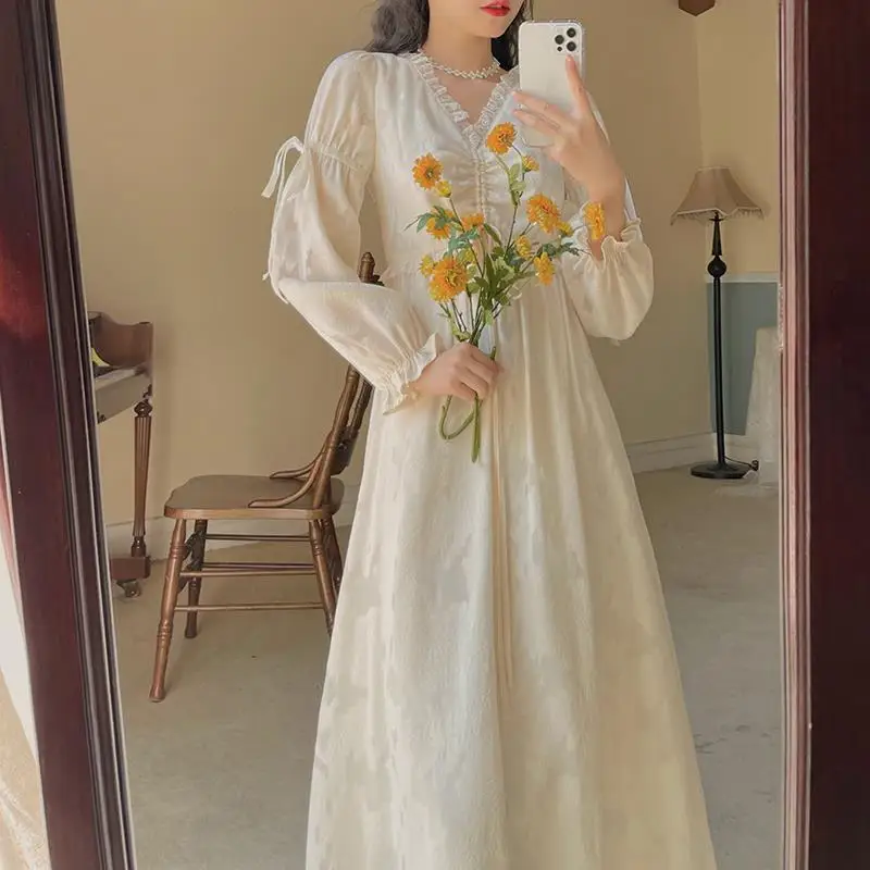 

2021 Summer Chiffon Elegant Dress Women Long Sleeve Solid Vintage Dress Evening Party for Females One Piece Dress Korean V-Neck