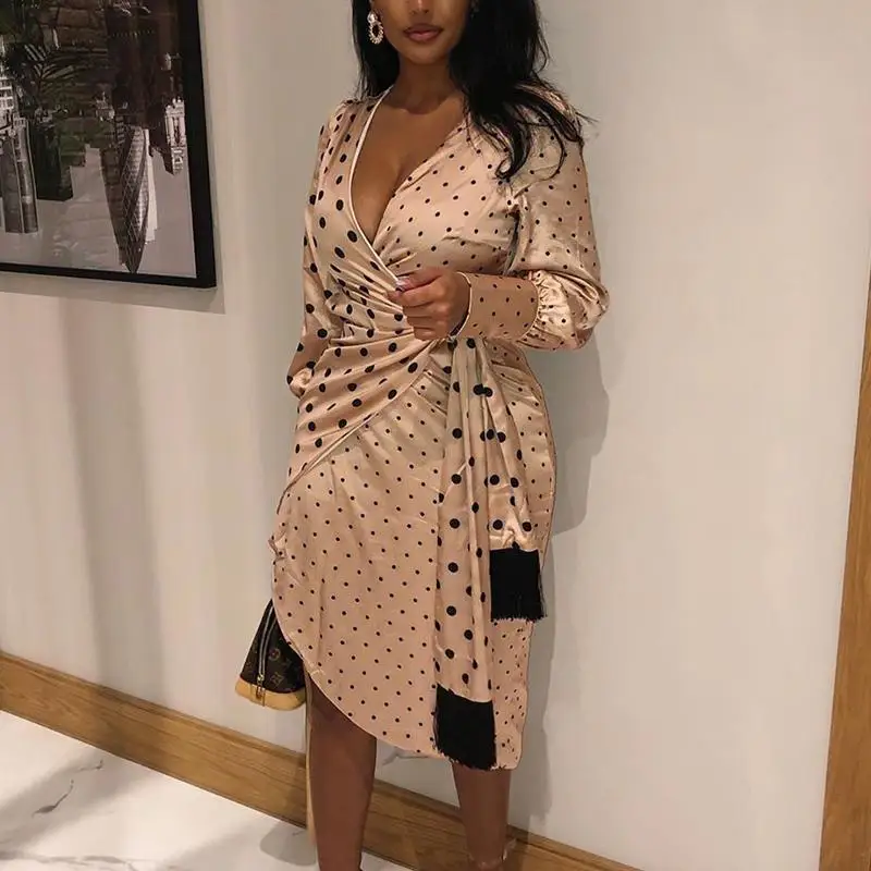 Платье в горошек с запахом женское атласное платье асимметричным длинным