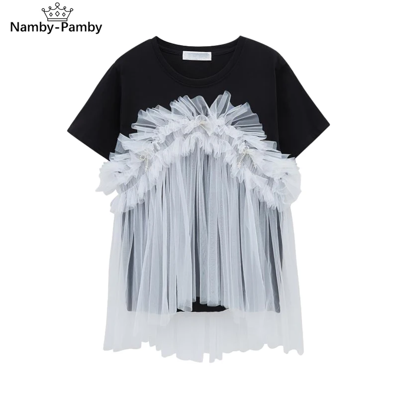 

New Mesh Bow Panelled Patchwork Design T Shirt Korean 2021 Summer Fake Two Piece Tee Fashion Tide All-match Woman Tshirts