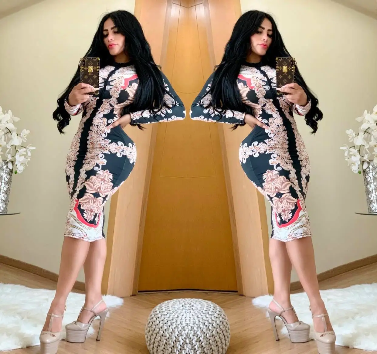 Женское платье футболка с разрезом Повседневное длинным рукавом в африканском