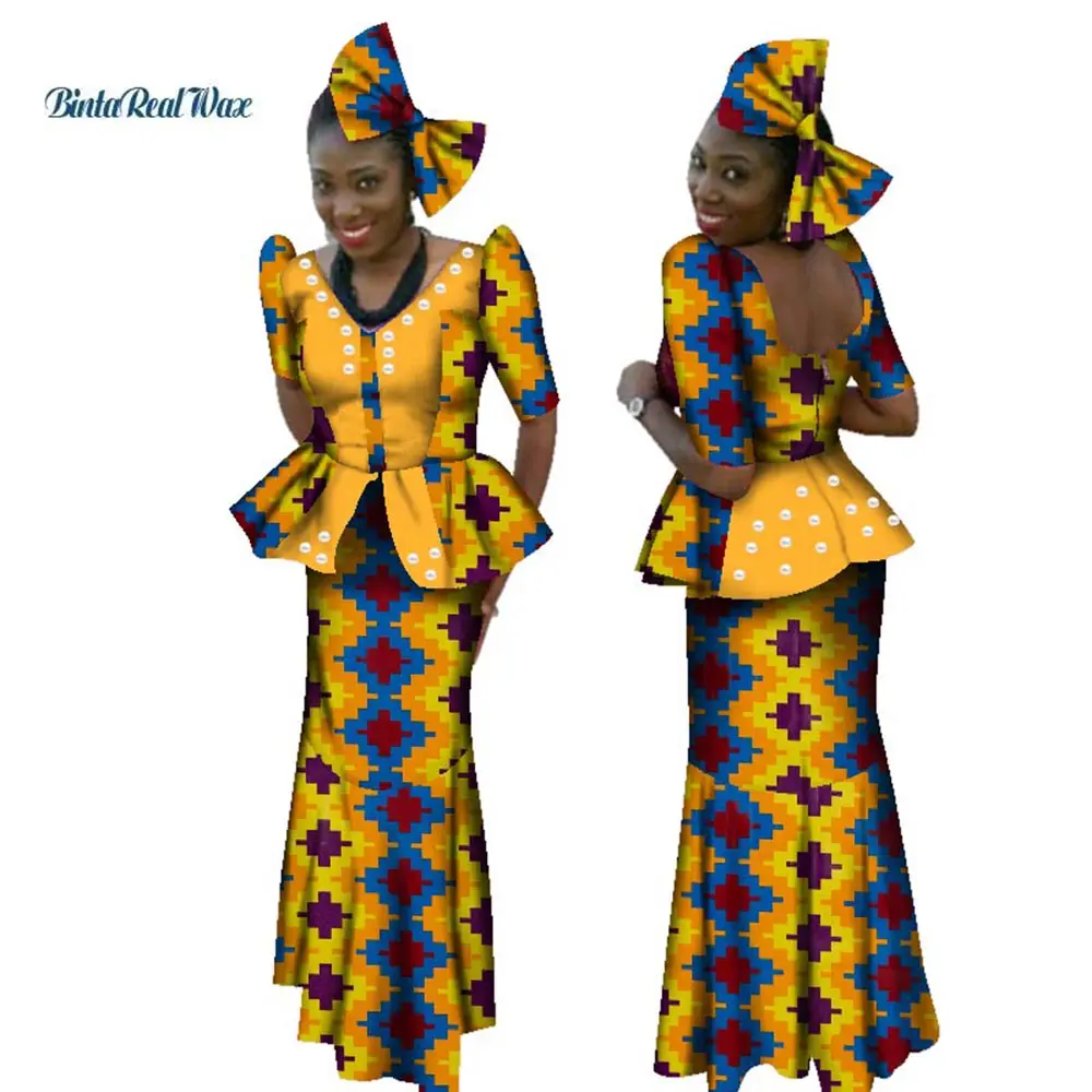 

African Beads Tops and Skirt Sets Bow Knot for Women Bazin Riche Traditional African Print 2 Piece Skirt Sets Clothing WY072