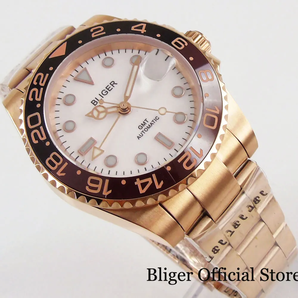 BLIGER Rose Gold Automatic Men Wristwatch Sapphire Glass Rotating Bezel GMT Hand White Dial Deployment Clasp | Наручные часы