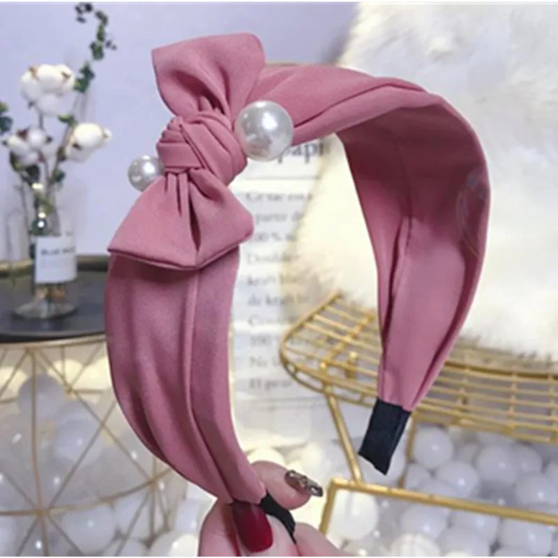 

Side Bowknot Hairband Women Vintage Hair Accessories Adults Headdress Solid Pearls Hair Headbands Women Wide Head Band Hair Hoop