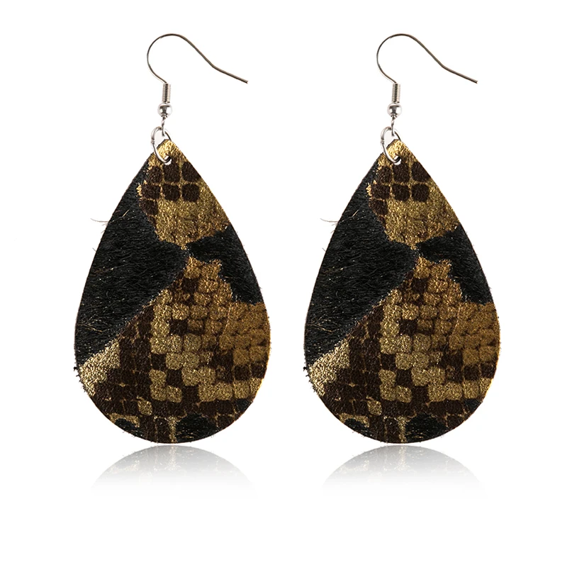 

M&G Leopard Leather Earrings for Women Genuine Leather Feather Teardrop Wild Artistic Gold Brushed Print Black Dangle Earrings