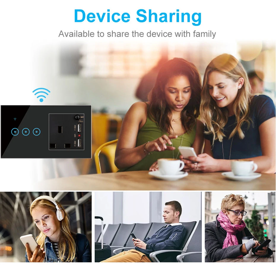 

WiFi Smart Wall Socket UK Standard with USB Charger Smart Light Touch Switch Work with Google Home Alexa