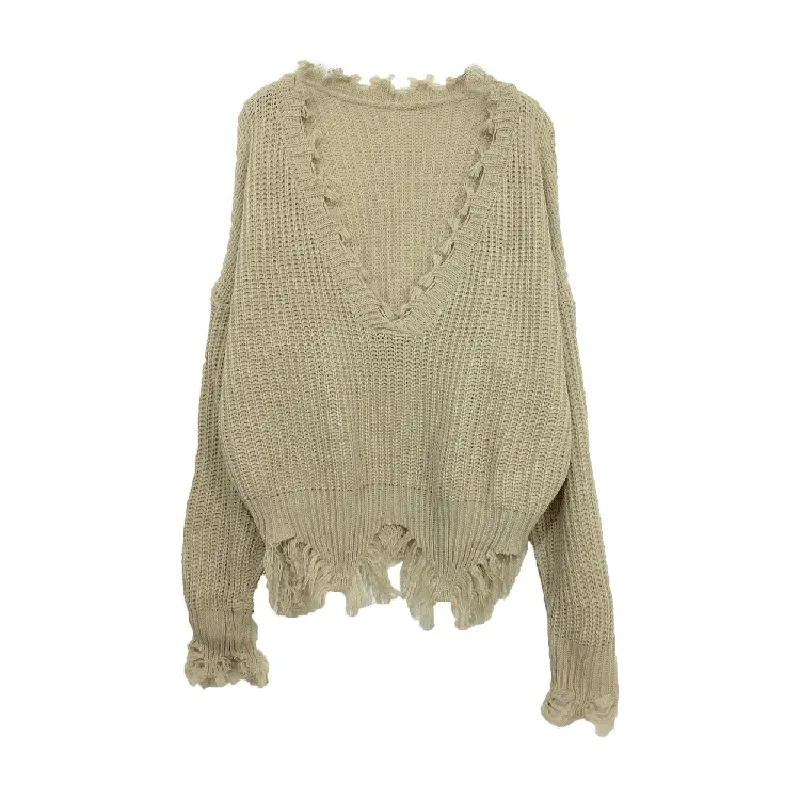 TWOTWINSTYLE Ripper Shorts Knitted Sweater Women Autumn Winter V Neck White Loose Female Jumpers Pullovers Casual Clothes Korean | Женская
