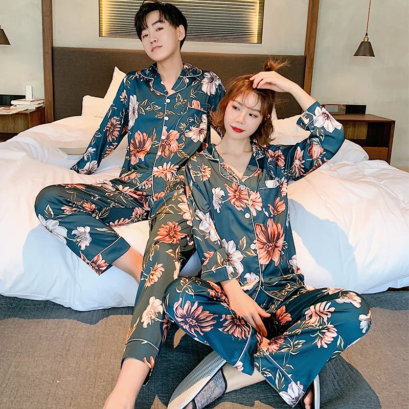 

Couple's Pajamas Women's Spring and Autumn Long-Sleeved Viscose Fiber Korean-Style Sweet Men's Cute Homewear Set Silk Thin