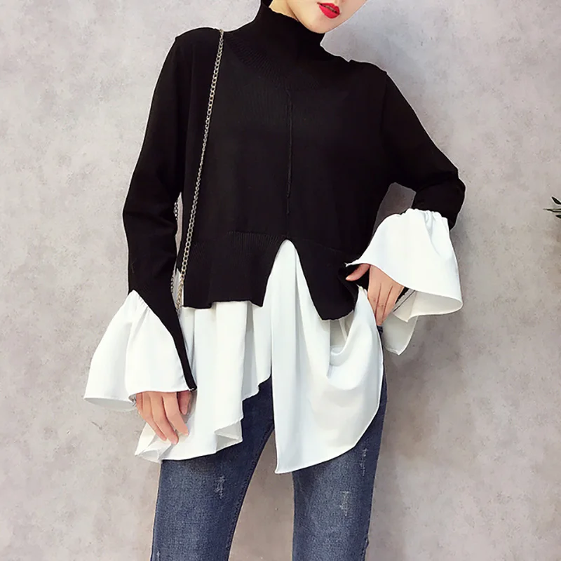 

Irregular Female Jumper Sweaters Women 2021 Spring Patchwork Pullovers Knitted Sweater For Women Turtleneck Flare Sleeve Clothes