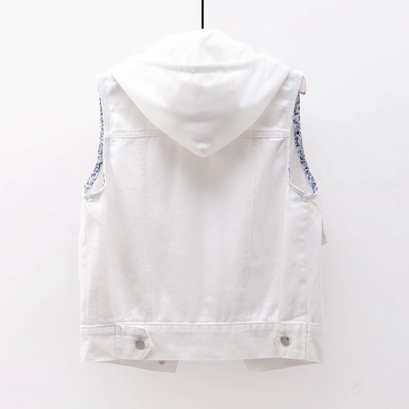 Жилет женский джинсовый с капюшоном модный приталенный однобортный жилет из