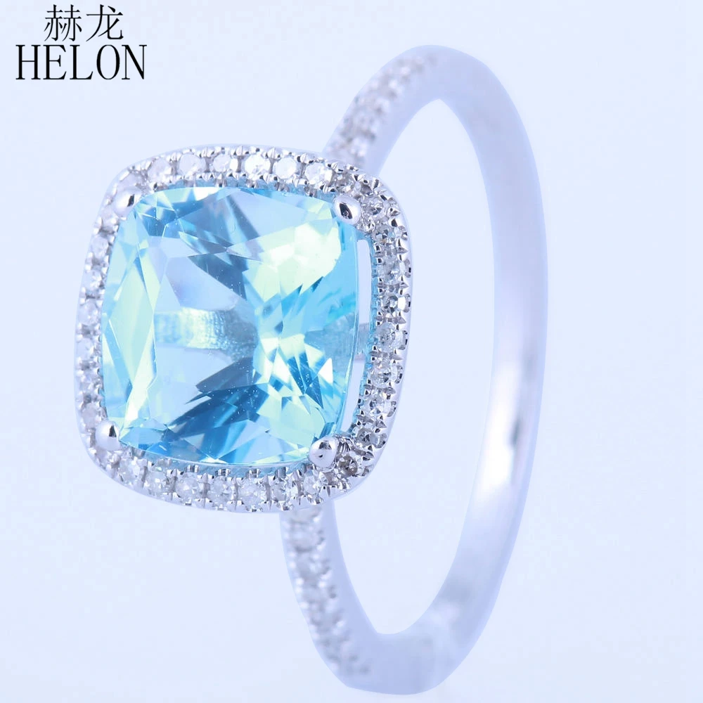 

HELON Solid 10k White Gold Certified Cushion 8mm Natural Sky Blue Topaz Diamond Engagement Wedding Ring For Women Fine Jewelry