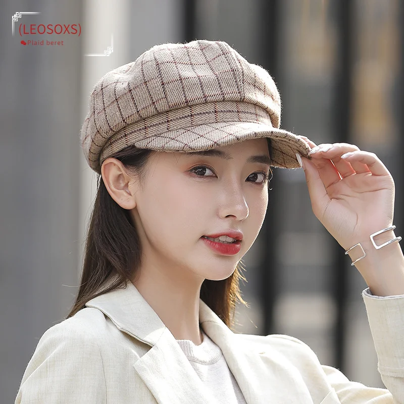 

2021 New Women Wool Cotton Blend Berets Winter Autumn Octagonal Beret Caps Stylish Artist Painter Hats Classic Lattice Beret Hat