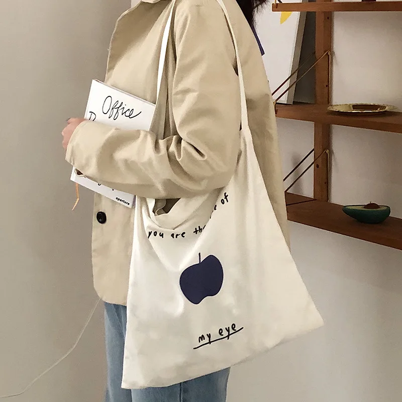 

Women's Fashion Canvas Shopping Bag Fruit Print Female Cloth Shoulder Pack Eco Book Handbag Totes Reusable Grocery Shopper Bags