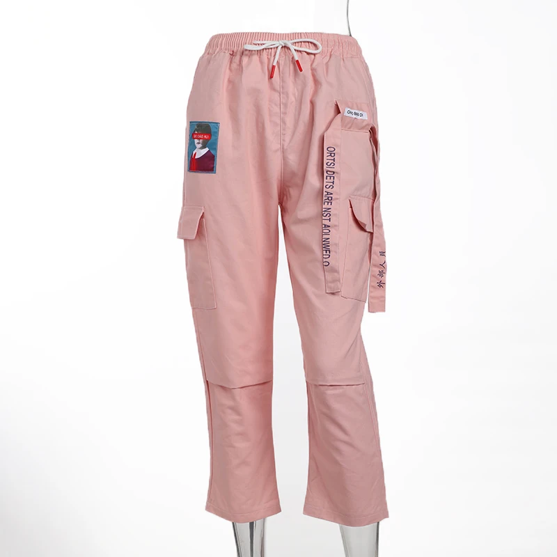 Розовые брюки-карго для женщин, черный пояс, уличная одежда, лоскутные женские брюки, осень, спортивные женские брюки размера плюс