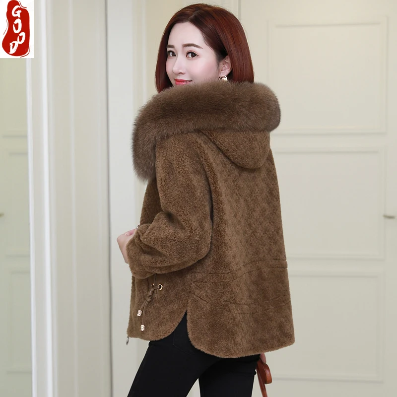 

Женское пальто с капюшоном LPL1271, короткая теплая куртка из натуральной шерсти и лисьего меха на осень и зиму, 2021