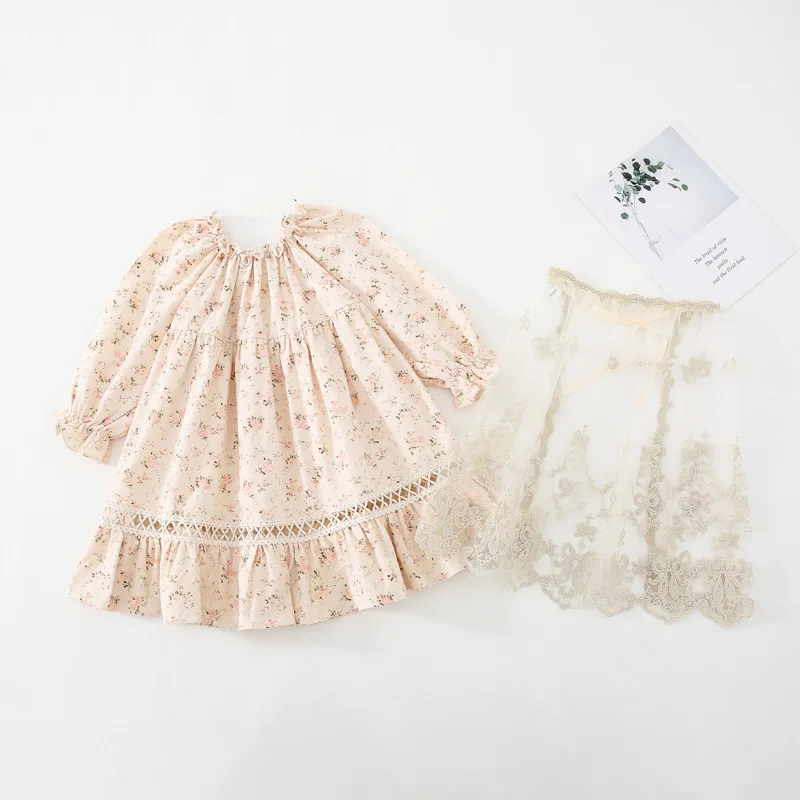 

Children Dress 2021 Toddler Girls Long Sleeve Autumn New Girl Floral Retro Princess Dress Lace Mesh Yarn Apron Two-piece Suits