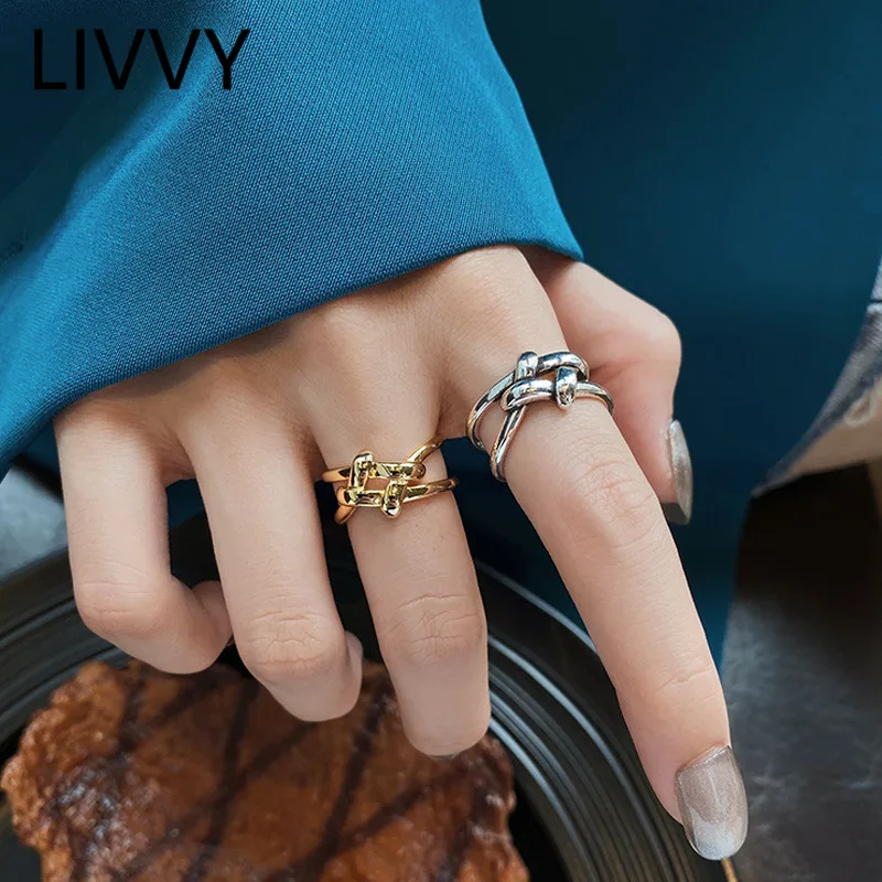 

LIVVY New Fashion Creative Double Cross Hollow Adjustable Silver Color Ring for Women Wedding Fine Jewelry Minimalist Gift
