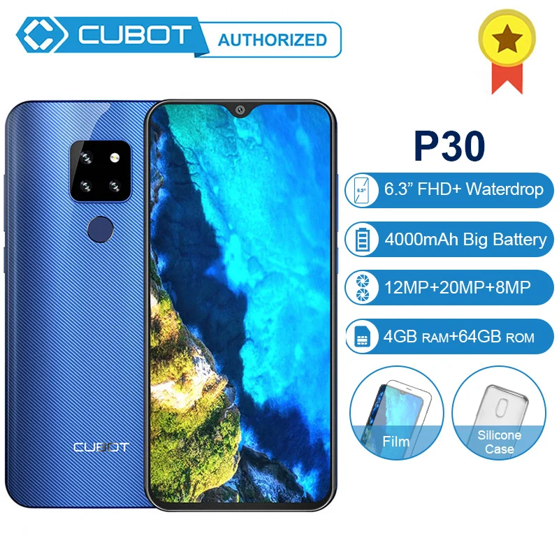 Cubot P30 Android 9,0 4G смартфон 4 Гб+ 64 Гб полный экран Восьмиядерный 6,3 дюймов Тройная камера распознавание лица разблокировка отпечатка пальца 4000 мАч