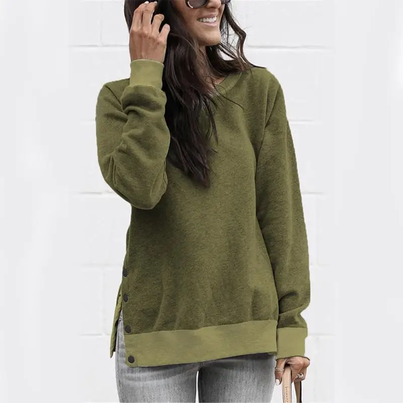 2019 Модный женский свитер с боковыми пуговицами топы круглым вырезом и Женские