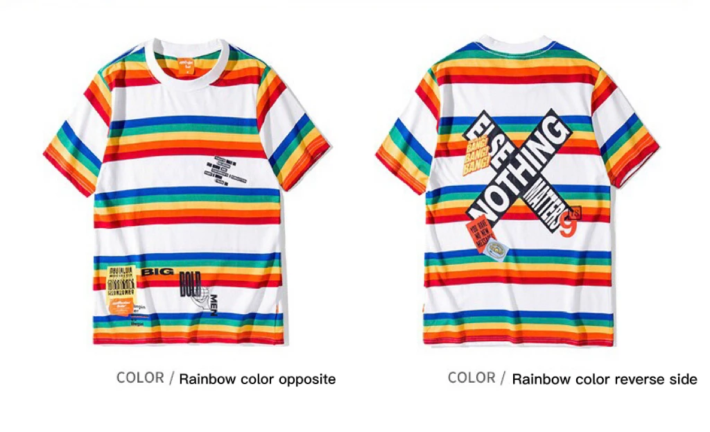 

Summer hip-hop rainbow stripes punk Oversized sports casual t shirt for men Vintage letter printing anime t-shirts for friends