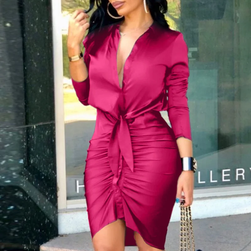 

Elegant Lace-up Solid Color Midi Dress 2021 Spring Sexy V Neck Bodycon Dress Office Lady Autumn Fashion Long Sleeve Party Dress