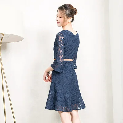 Женское кружевное платье с V-образным вырезом синее винтажное платье-трапеция