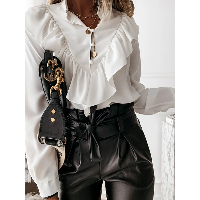 

Elegant Polka Dot Ruffles Office Ladies Long Sleeve Tops and Blouses 2021 Women Casual V-Neck Shirt Autumn Blusas Korean Shirts