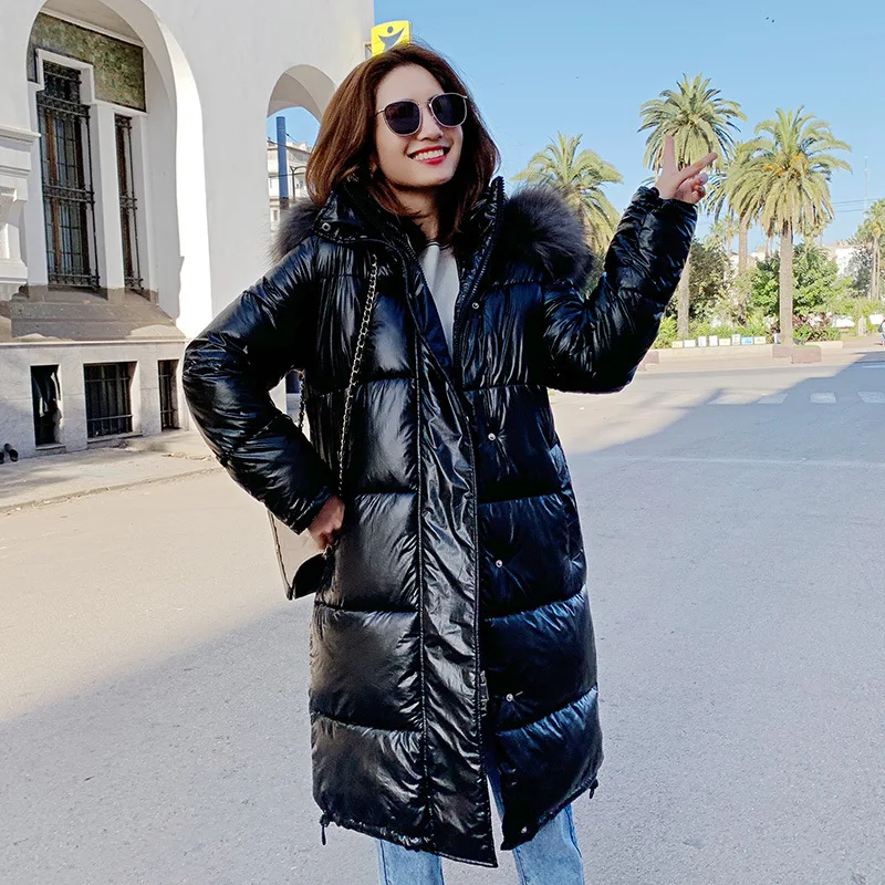 SINGRAIN женский длинный пуховик с воротником из натурального меха енота теплое