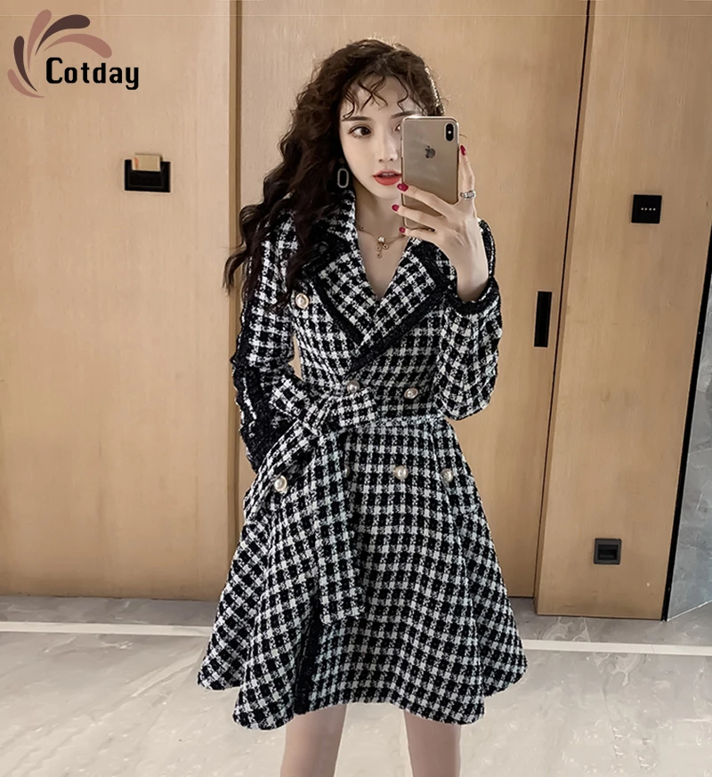 

Cotday Wool Houndstooth Plaid Straight Belt With Pocket Double Breasted 2020 Fashion Autumn Full Sleeve Women Streetwear Dress