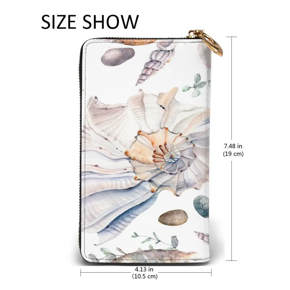 

2021 Fashion Long Leather Wallets Watercolor Sea Shells Unisex Classic Purse Zipper Wallet with Card Holder