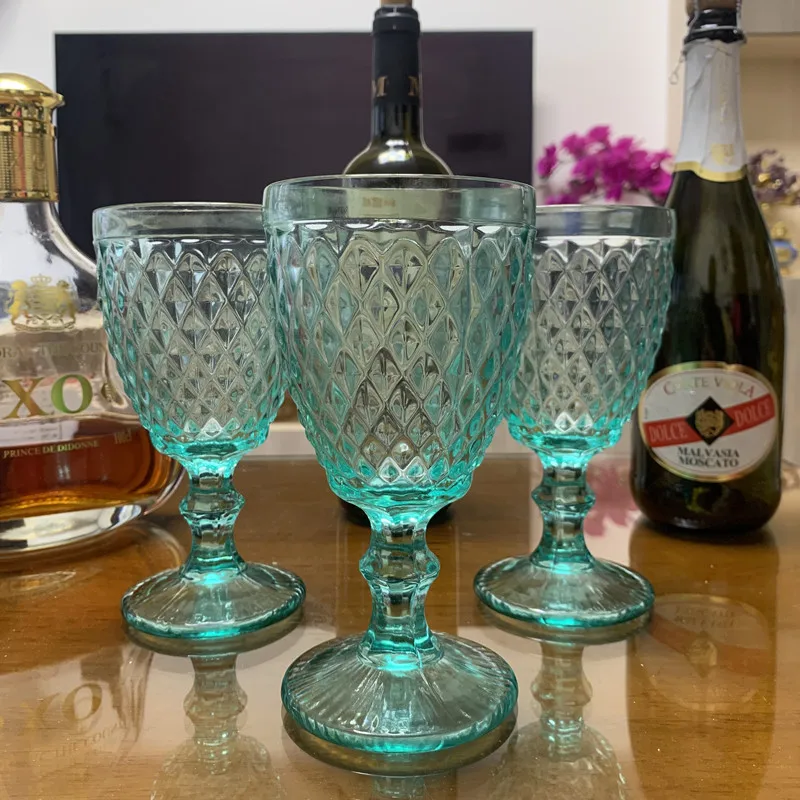 

3pcs / lot Aquamarine 300ml Diamonds Relief Wine Glass Goblet Retro Juice Drinking Cup Spirits Wedding Party Beverage Glasses
