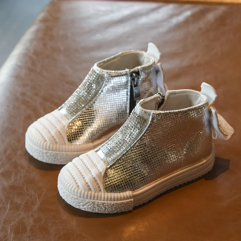 Bakkotie 2019 Baby Autumn Girls Sparkling Casual Shoes Kids Fashion Bowtie Breathable High Sneakers Toddler Silver Sports |