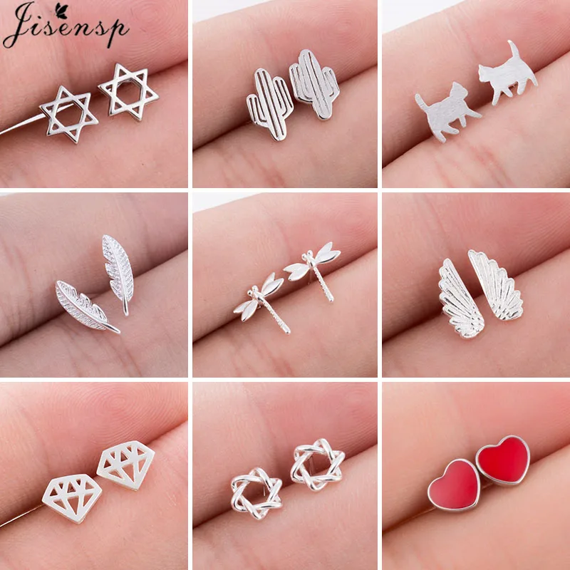 Real 925 Sterling Silver Minimalist Cat Stud Earrings for Women Kids Jewelry Cute Puzzle Cactus Leaf Earings Animal Accessories