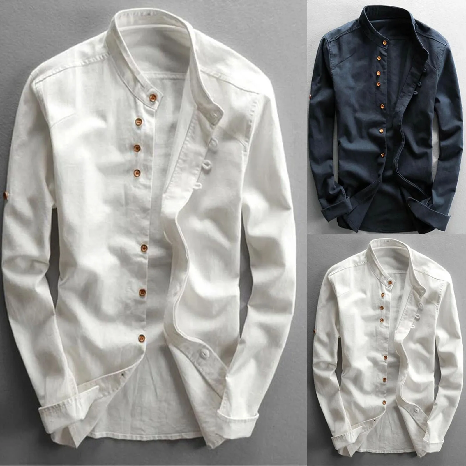 

Рубашка мужская с длинным рукавом, модная Повседневная Удобная блузка из льна, приталенная, на пуговицах, однотонная, весна 2021