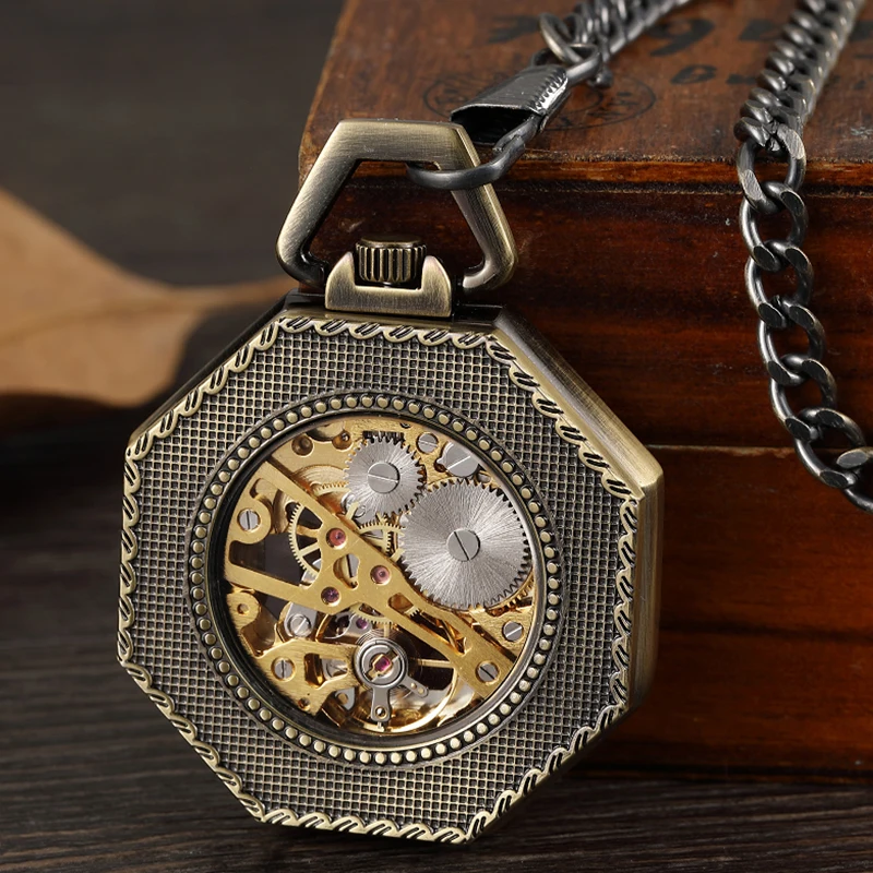 Luxury Collection Mechanical Pocket Watch Antique Bronze Fob Chain Hollow Case Hanging Clock with Gift Box for Men Dropshipping